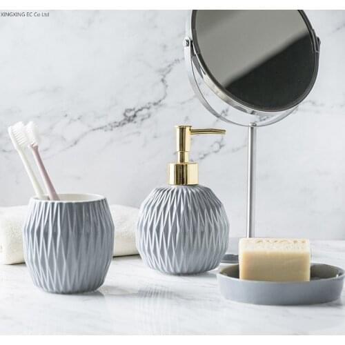 Blue Ceramic Embossed Rhombus Bathroom Decoration Accessories Lotion Bottle Soap Box Mouthwash Cup Household Bathroom Products