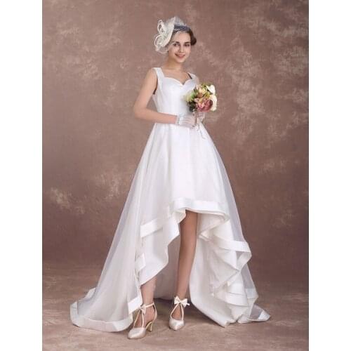 Wedding Dresses Ivory High Low Beach Bridal Gown Queen Anne Neckline Organza Ruffles Satin Ribbon Bow Asymmetrical Bridal Gown