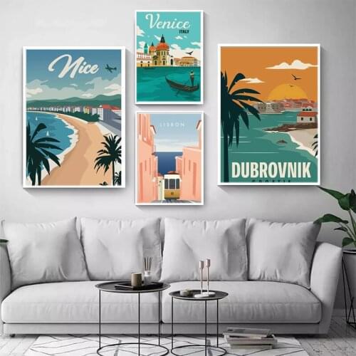 Vintage Travel Cities Landscape Posters and Prints Croatia Lisbon Nice Canvas Painting Wall Art France Venice Italy Home Decor