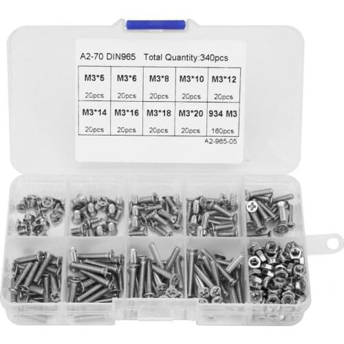 340pcs M3x5/6/8/10/12/14/16/18/20mm Stainless Steel Cross Flat Head Screw Countersunk Screws Assortment Kit M3 Hex Socket Nut