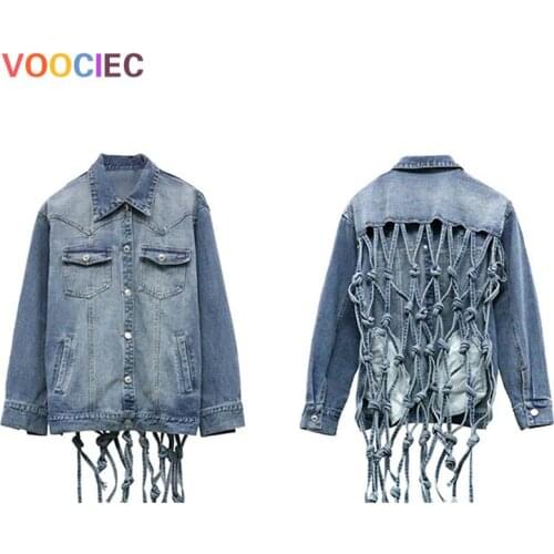 VOOCIEC New spring Sexy Backless Jean Jacket Women Lapel Collar Long Sleeve Denim Coats Jacket Tassel Bandages Coat Female