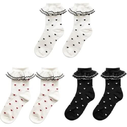 Women Sweet Double Layer Ruffle Frilly Short Socks Japanese Lolita Kawaii Little Heart Print Princess Cotton Hosiery