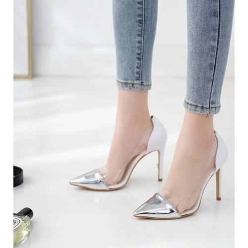 Silver&gold transparent thin high heels 10cm pointed toe shallow OL dress pumps slip on european fashion single shoes woman 2020