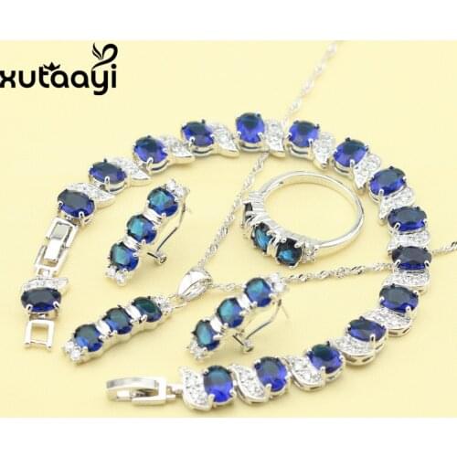New Blue Cubic Zirconia Fashion Silver Color Jewelry Sets Graceful Necklace Rings Earrings Bracelet For Women Free Gift