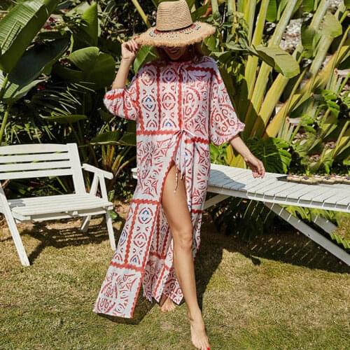 2021 Bikini Cover-ups Female Beach Maxi Kimono Dress Adults Floral Print Long Sleeve Cardigan Smock Bikini Cover Ups for Summer