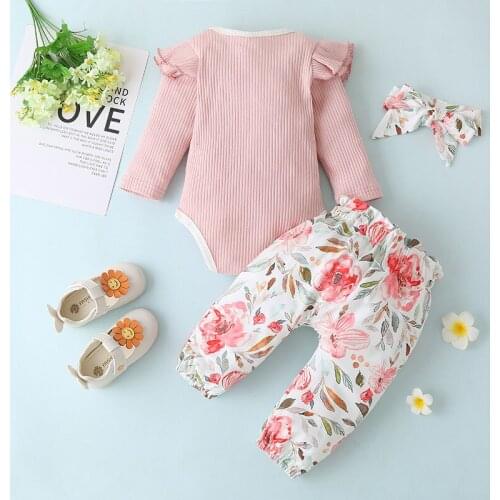Spring Autumn Baby Clothing Newborn Baby Girl Boy Ribbed Clothes Knitted Cotton Romper Jumpsuit Flower Print 3PCS Outfits