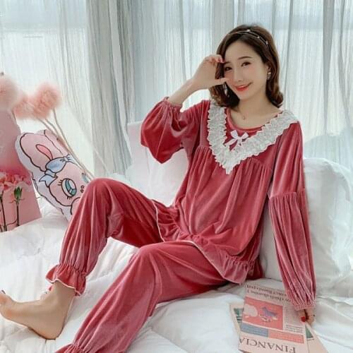 Velvet Women Pajamas Suit Soft Sleepwear Velour 2PCS Sleep Set Shirt&pants Autumn New Home Clothes Cute Sweet Nightwear