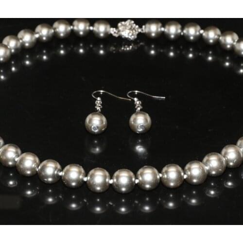 Free shipping original design Bohemia style simulated-pearl shell necklace earrings 10mm gray elegant jewelry set 18inch B2338