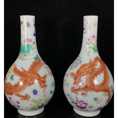 Free shipping 9.6" a pair China Qing Dynasty Enamel Alum red Dragon pattern Bile bottle