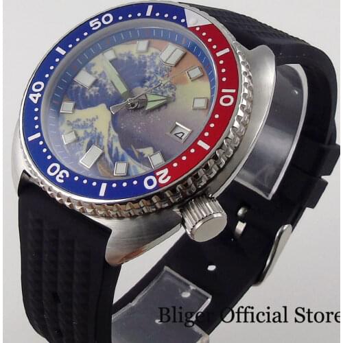 BLIGER Surfing Men Watch 24 Jewels NH35A 45mm Automatic Wristwatch Luminous Dial Rubber Band Screwdown Crown Sapphire Crystal
