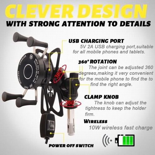 Motorcycle Phone QC3.0 USB Qi Fast Charging Wireless Charger 12V Bracket Holder 360 Rotation Motorcycle Bicycle Handlebar