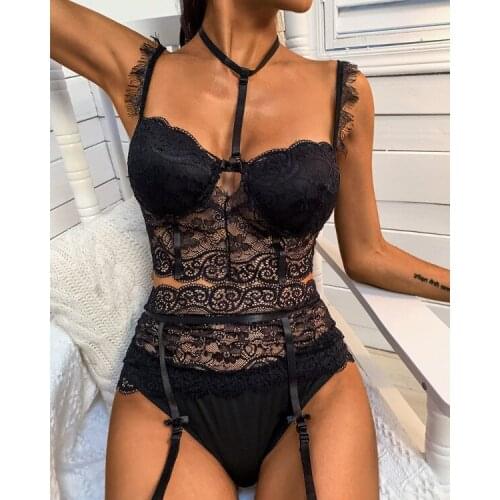 Women Sexy Lace Lingerie Set Hollowed Out Slim Fit V-neck Underwear Bra Panties Exotic Apparel Babydolls Outfit Sets S-XL