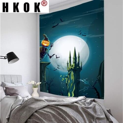 HKOK Halloween Castle Pumpkin Moon Tapestry Wall Hanging Covering Rugs Background Cloth Beach Mat Blanket Art Bedroom Home Decor