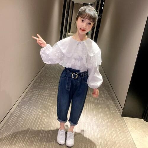 Girls Suits Blouse +Pant Sets 2021 White Spring Autumn High Quality Formal Party Outfits Sport Teenagers Kids Cotton Tracksuits