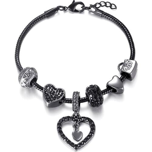 Fashion Black Crystal Heart Pendant Charm Bracelet For Women Lobster Clasp Snake Chain Brand Bracelet Jewelry Dropshipping