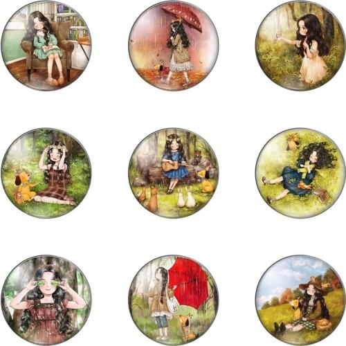 New Cartoon Beauty Girl Animals Round Photo Glass Cabochon Demo Flat Back Making Findings Handmade DIY Accessories