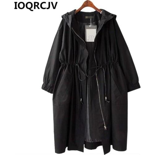 2019 Spring Autumn New Long Trench Coat Women Casual Hooded Windbreaker Female black Overcoat Outerwear Large size 3XL 4XL R793