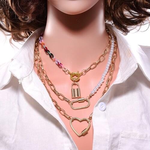 Fashion New Choker Chian Gold Plated Goth Chain Acrylic Simulated Pearl Statement Trendy Lock Heart Aesthetic Necklace for Women