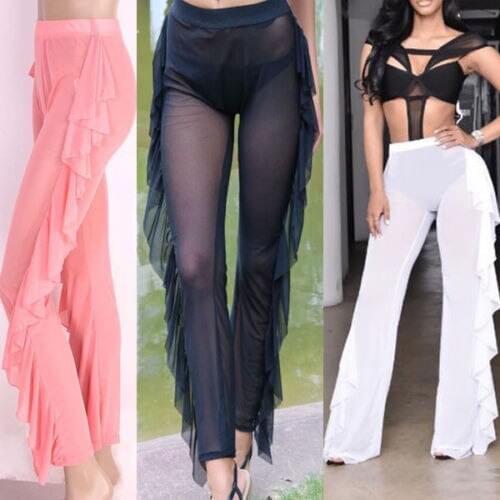 New Women Long Exotic Pants Leg Semi See-through Ladies Tranpanrent Soft Mesh Wide Leg Pants