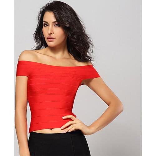 Wholesale cheap rayon 2020 new elastic knitted elassexy womens top quality summer red hl off shoulder bandage top