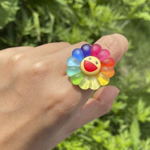 Origin Summer Sweet Multicolor Sunflower Ring for Women Girls Fashion Resin Smile Face Gradient Color Index Finger Ring Jewelry