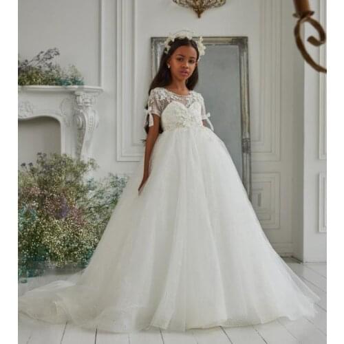 Handmade Princess First Communion Dress Lace Glitter Tulle Kid Cloth Flower Girl Dress Party Gowns
