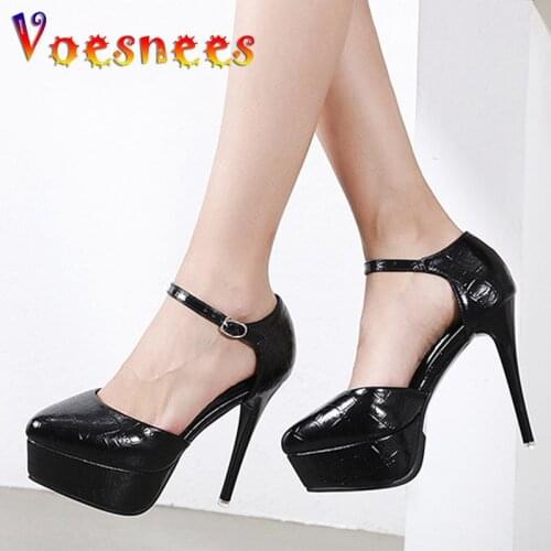 Closed Pointed End Women Hollow Summer Sandals Black Cover Heel 12CM Sandals Fashion Platform Buckle Strap Party Stiletto Shoes