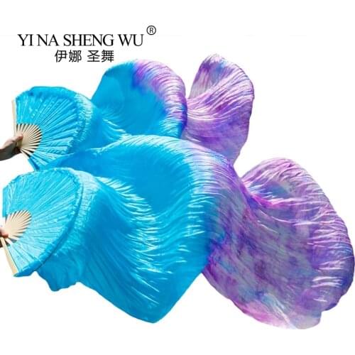 High Quality Real Silk /Imitation Silk Dance Fans 1 Pair1 Left+Right hand Handmade Dyed Silk Belly Dancing Fans Gradient Colors