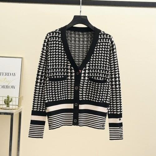 High Quality Autumn Vintage Houndstooth Soft Cashmere Sweater Korean Elegant Casual Pull Femme Knitted Cardigan women Coat Tops