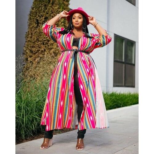 Plus Size Women Clothing 4XL 5XL Boho Vintage Elegant Striped Printed Long Sleeve Maxi Dress Ladies Robe Party Beach Vestidos