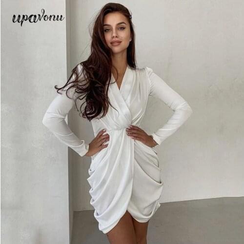 Free Shipping 2021 Summer Chic Dress Women Sexy V-neck Long Sleeve Irregular Draping Mini Dress Celebrity Club Party Vestidos