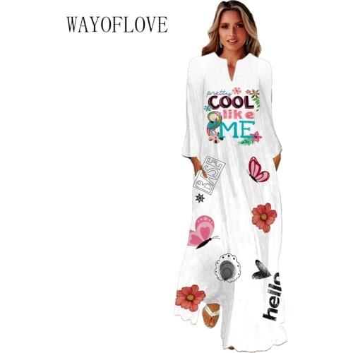WAYOFLOVE Letter Flowers Print Long Sleeve Autumn Dress 2021 White Beach Casual Long Dresses Woman Elegant Girls Plus Size Dress