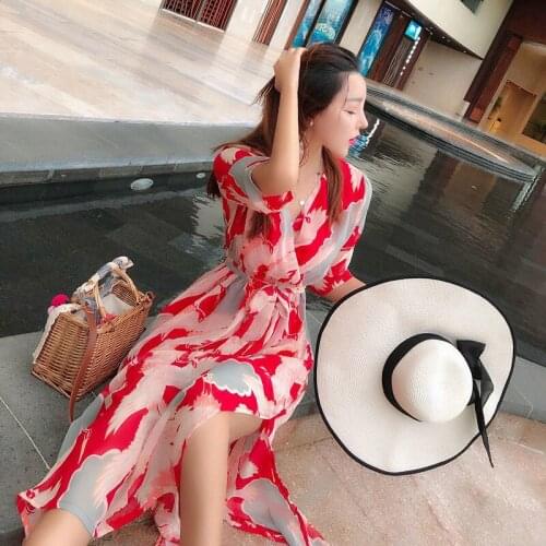 Women Boho Dress Floral Printed Chiffon Maxi Dresses V-neck Summer Beach Evening Party Sundress Femme Vestidos 2021 Y677