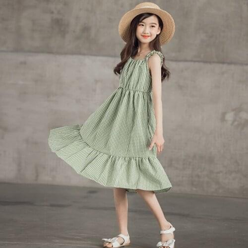 2021 Summer Dress Elegant Kids Dresses for Girl Children Clothing Sleeveless Plaid Girls Dress Princess Costume 4 6 8 10 12 14Y