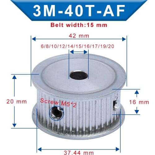 3M-40T Pulley AF Shape Bore 6/8/10/12/14/15/16/17/19/20 mm Aluminum pulley wheel Slot Width 16mm For 3M Timing Belt Width 15 mm