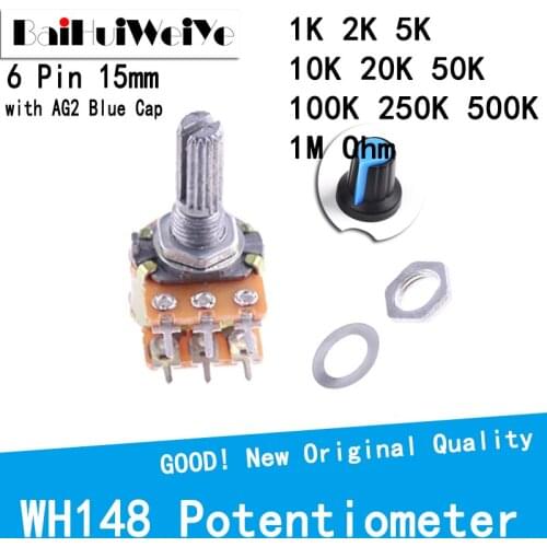 5PCS WH148 Linear Taper Rotary Potentiometer 15MM Shaft with AG2 Blue Cap Dual Line 6Pin 1K 2K 5K 10K 20K 50K 100K 500K Ohm