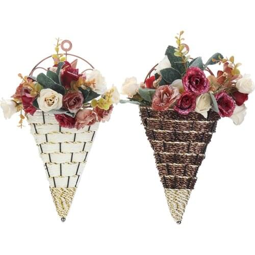 White/Brown Natural Wicker Flower Basket Wall Hanging Pot Planter Rattan Vase Basket For Terrace Garden Balcony Decor