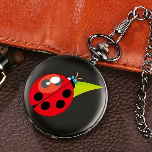 Ladybug Display Kids Smooth Black Pendant Pocket Watch Fob Chain Quartz Pocket Clock Gifts Boy Girl