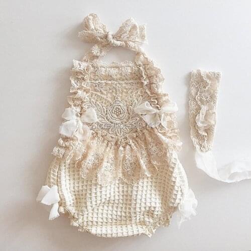 Baby Lace Rompers Infant Lace Romper with Straps Ribbon Kids Jumpsuit Baby Girls Lace Ruffled Petti Romper LS0007