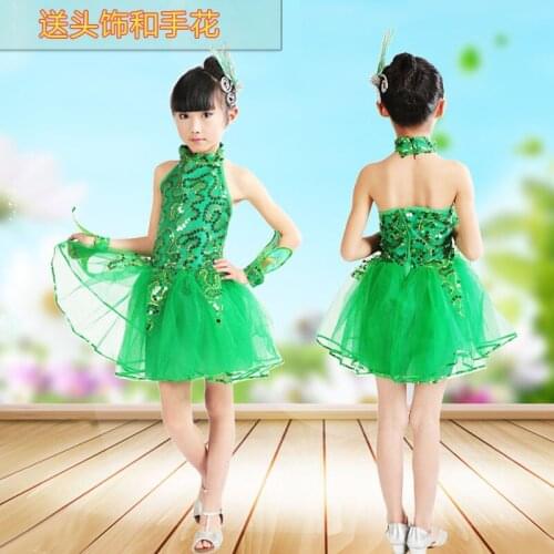 Childrens Latin Dance Costume princess dress green skirt dance costumes sequined female