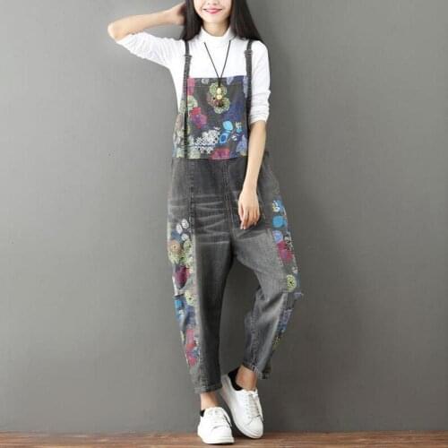 Personality Distressed Washed Hole Denim Jumpsuit National Wind Women Retro Printing Low-crotch Denim Trousers