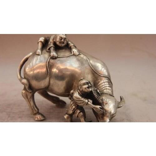 China White Copper Silver Vaquero shepherd boy Buffalo Cow bull Cattle OX Statue