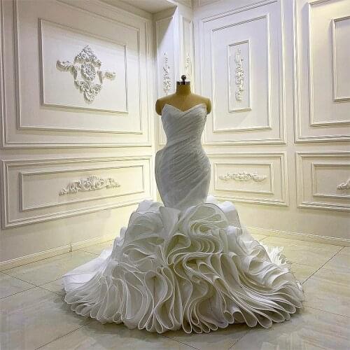 Classic Mermaid Wedding Dresses Strapless Ruffles Pleated Flouncing Bridal Wedding Dressing Gowns Lace-up Back With Train