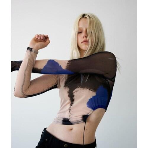 O-neck Short T-shirt Ladies Streetwear 2021 Sexy Women Transparent Mesh Print Long Sleeve Slim Crop Tops Drawstring Personality