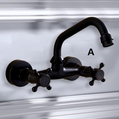 Kitchen Faucet Wall Mounted Sink Faucet 360 Degree Rotation Double Handle Crane Cold and Hot Black Water Sink Mixer Tap torneira