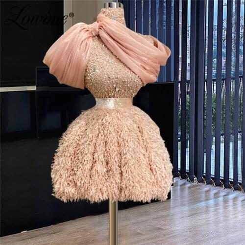 Lowime Light Pink Short Evening Dresses Short Sleeves Knee Length Beaded Dubai Arabic Women Wedding Formal Party Gowns 2021 Robe