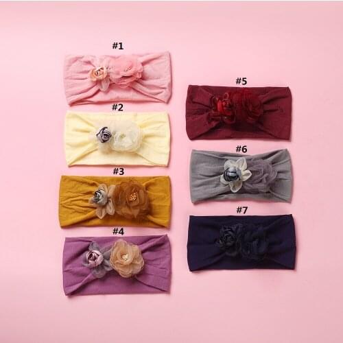 MengNa 24pc/lot Infant Baby Rolled Rosette Flower Headbands Lace Flower on Wide Nylon Headbands for Children Girls Headwear