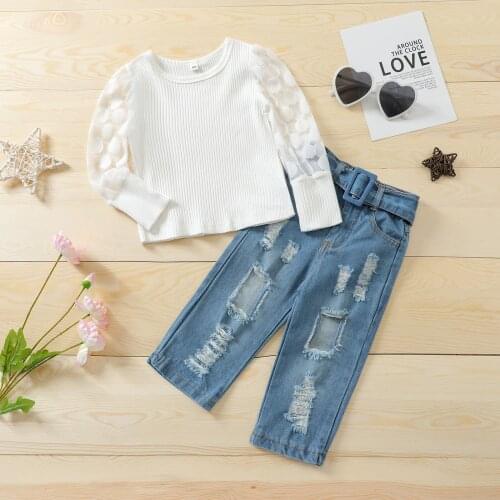2021 Fashion Kids Girl’s T-shirt and Trousers Suit Fresh Solid Color Lace Long Sleeve Tops+Ripped Denim Pants 2PCS Clothes Set