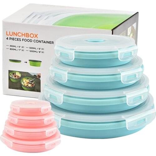 4-piece set of round silicone folding sealed lunch box portable fresh-keeping bento box collaps food storage container