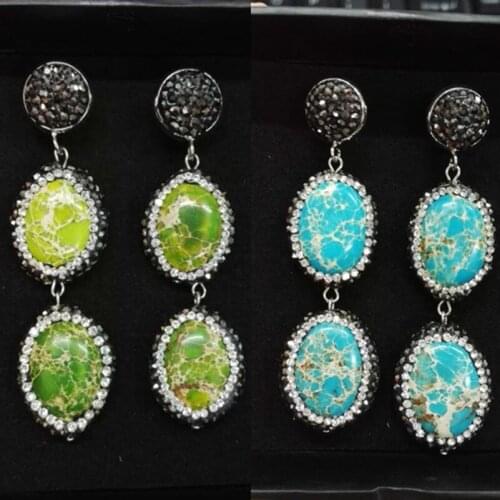 Natural 3 color double oval green blue stone gem stone beads charm paved rhinstones long drop dangle earring for women